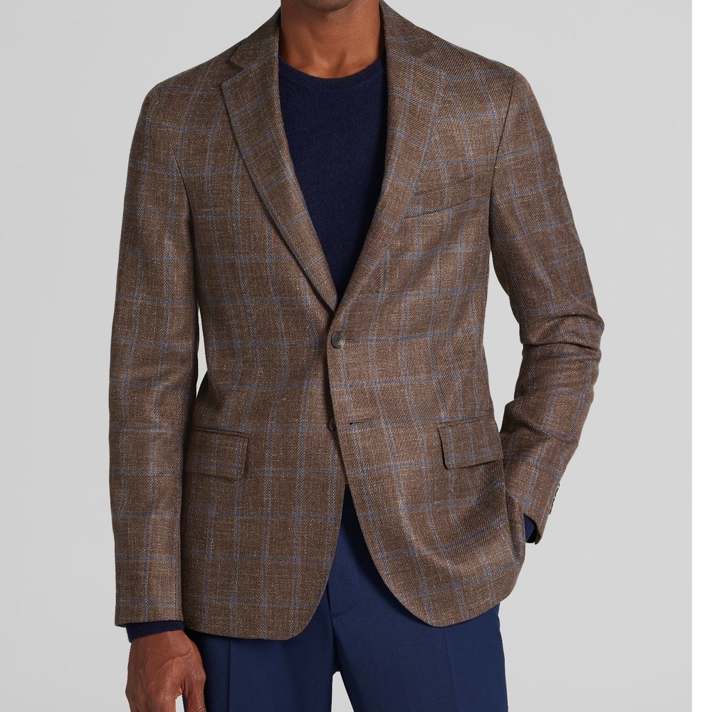 Jos. A Bank 54R Sport Coat Brown Blue Windowpane Houndstooth Wool Blend Business